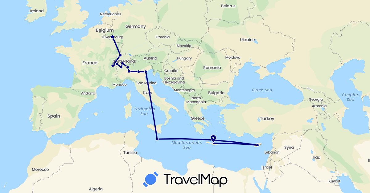 TravelMap itinerary: driving in Switzerland, Cyprus, Greece, Italy, Luxembourg, Malta (Asia, Europe)